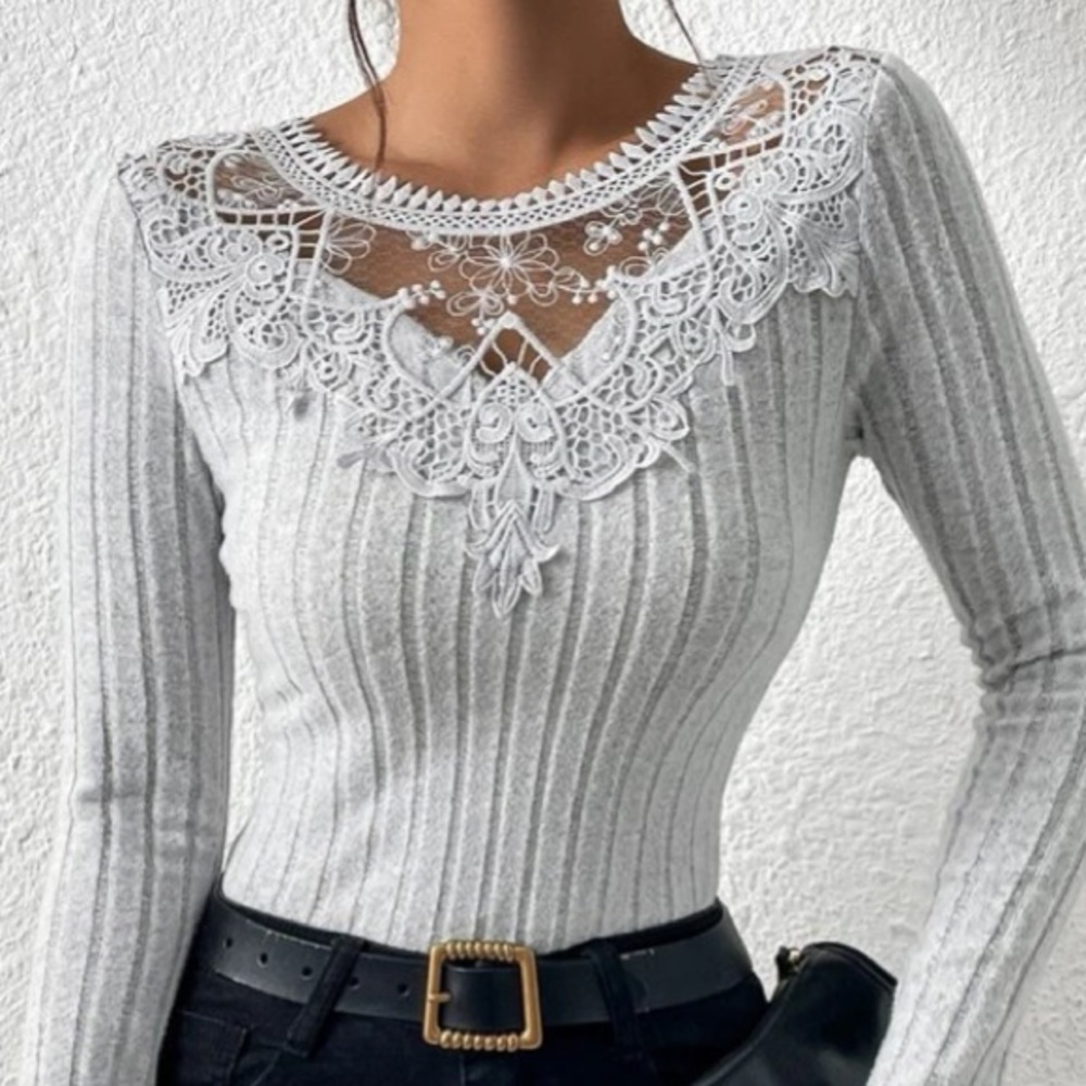 Grey Rib Knit Lace Neck Top in XS